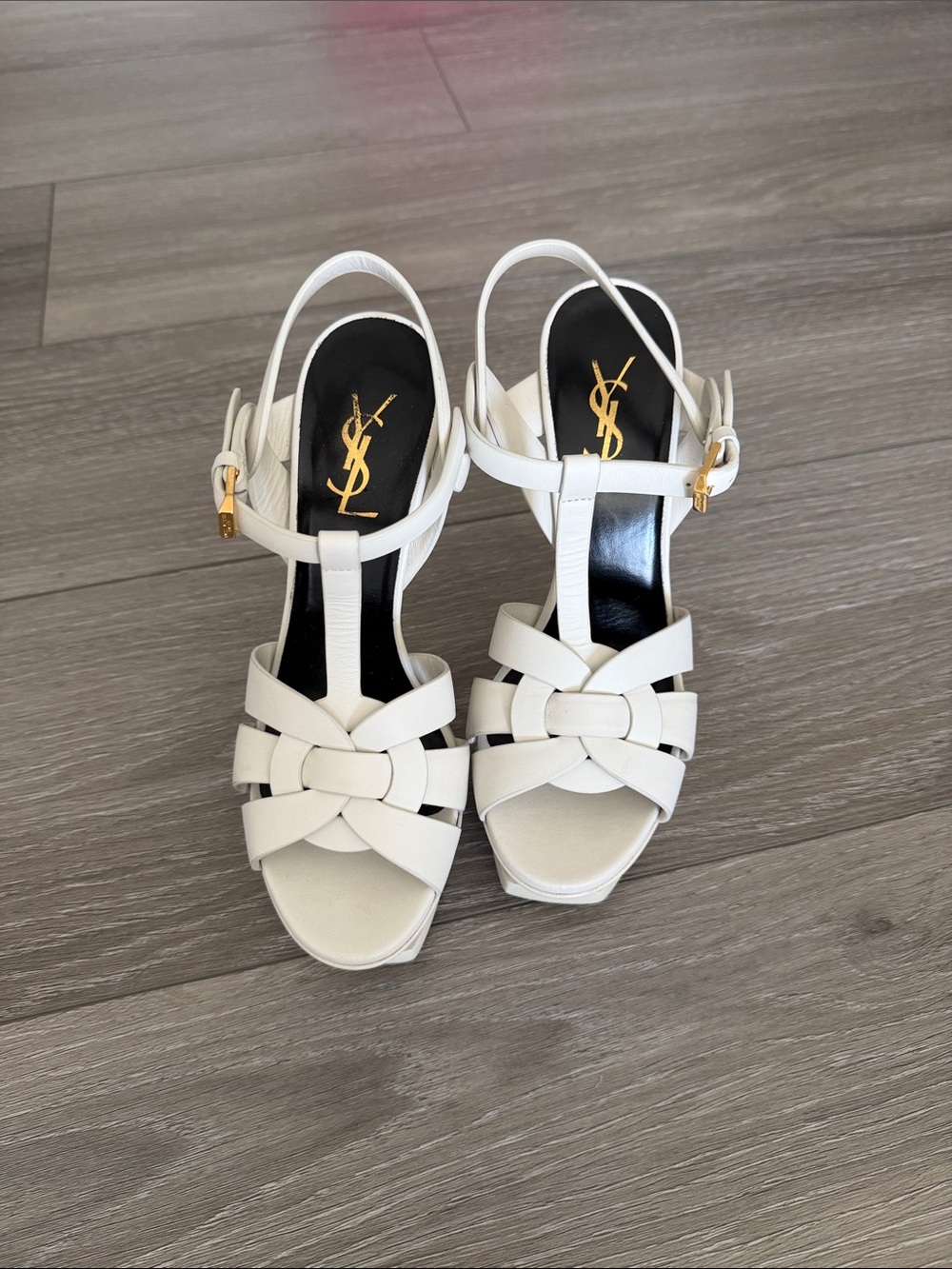 Saint Laurent White Leather Knotted T-Strap Sandals with Gold Logo